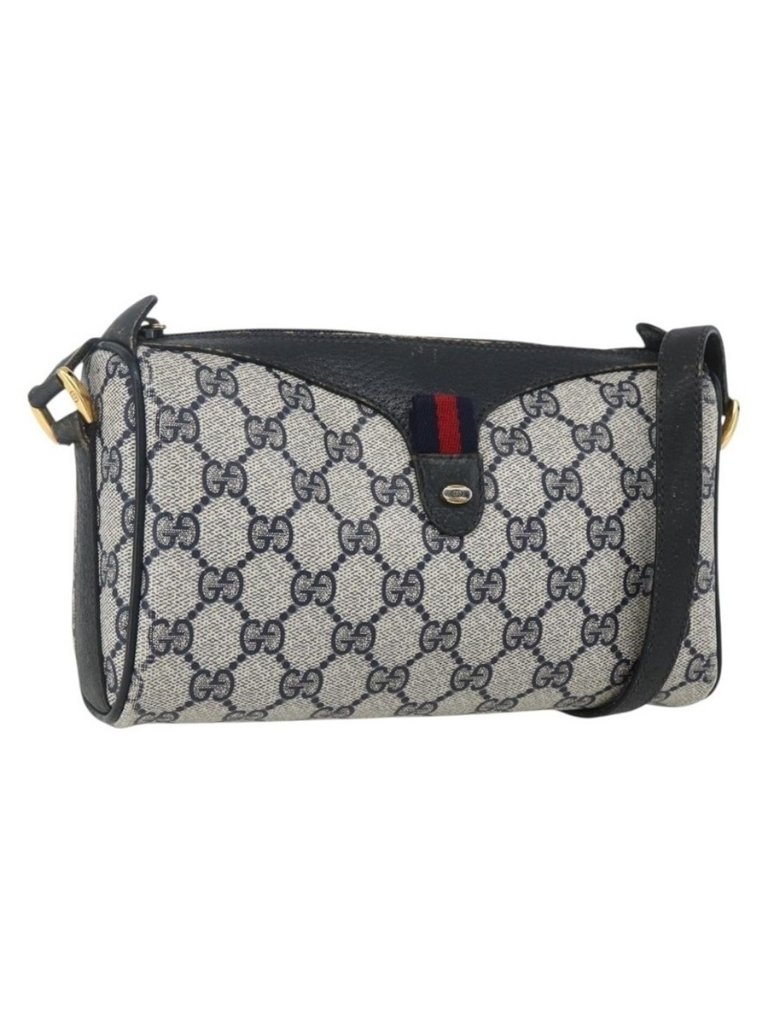 Authentic Gucci Gg Supreme Sherry Line Bag Pvc Navy Gold Red 89 02 018